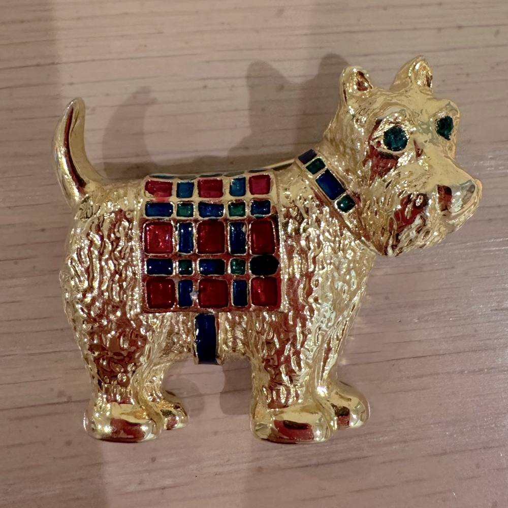 Scottie Dog Vintage Gold Plated Pin Coloured Jewel Eyes & Plaid Blanket & Collar